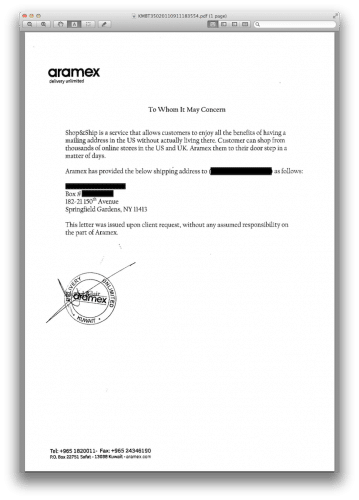 Aramex letter