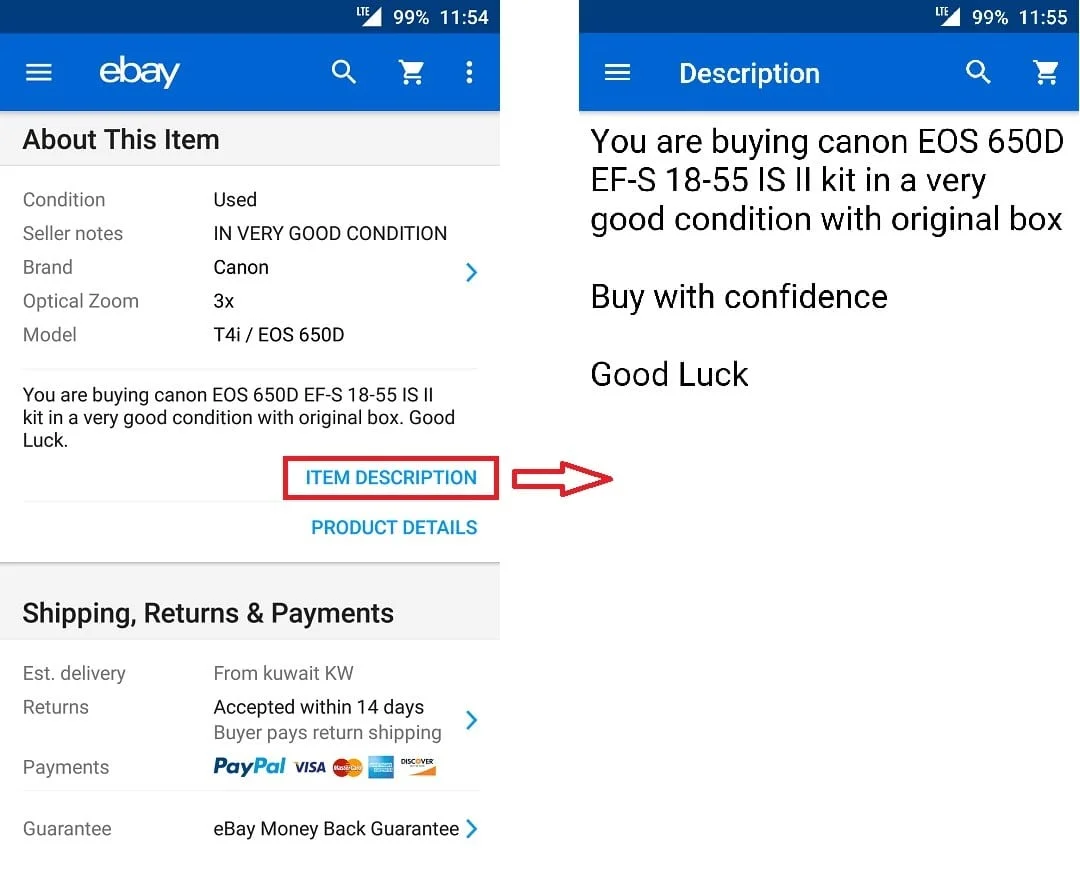 البيع على موقع ebay item-description
